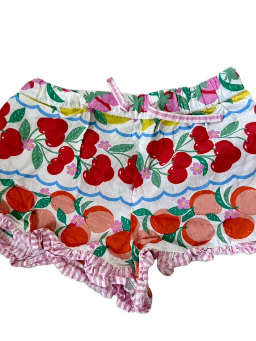 Mini Boden White Shorts with Red Cherries, Orange Fruit & Pink Trim